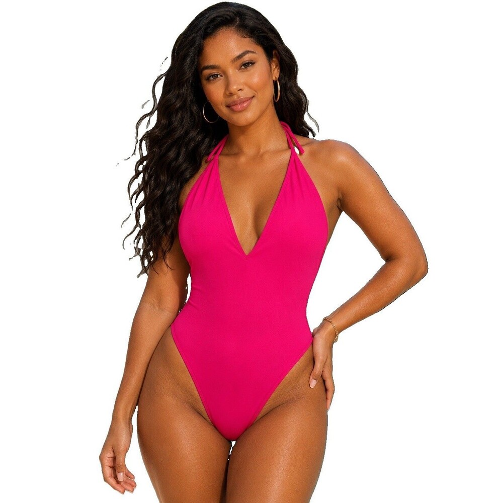 Onia Kelly Plunging V-Neck One Piece Pink Halter Swimsuit Size Medium
